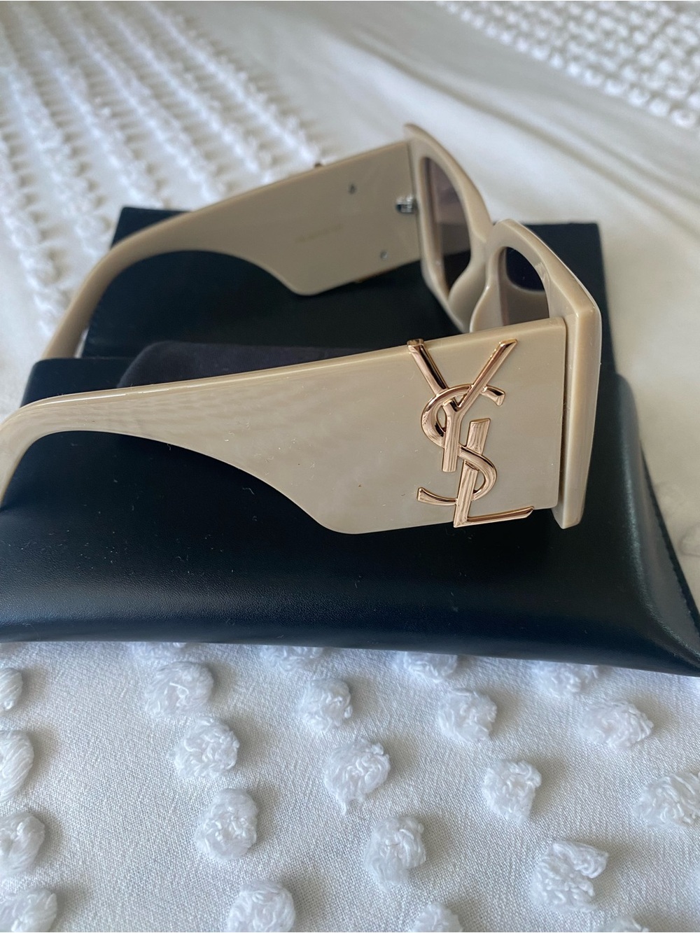 Saint Laurent Beige Wide-Arm Sunglasses with Gold YSL Logo